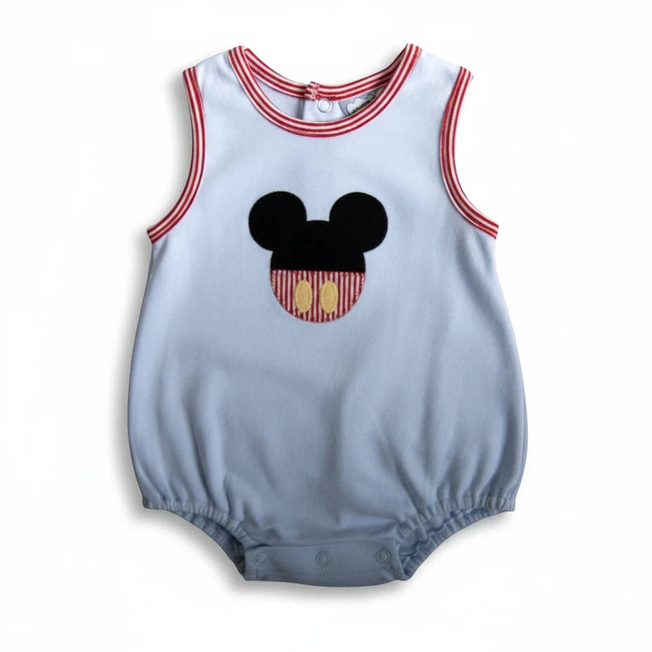 Sea Dragon Dreams light blue baby boy bubble romper with a mouse appliqué and red striped trim details.