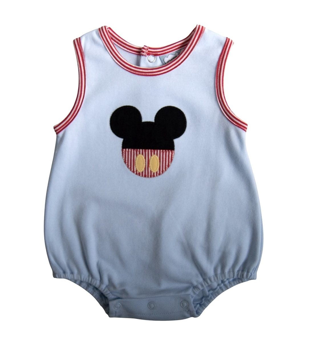 Sea Dragon Dreams light blue baby bubble romper with a mouse appliqué and red striped trim details.
