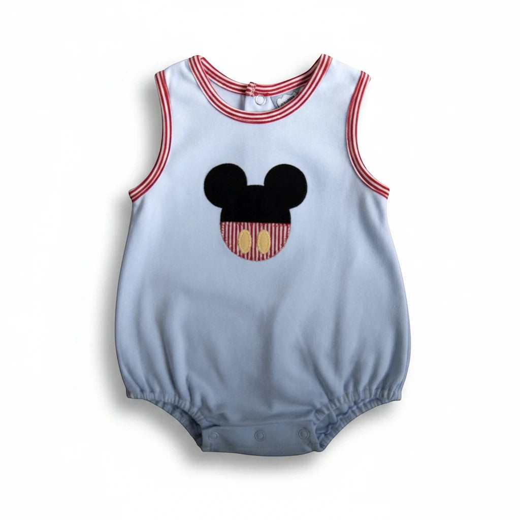 Sea Dragon Dreams light blue baby boy bubble romper with a mouse appliqué and red striped trim.