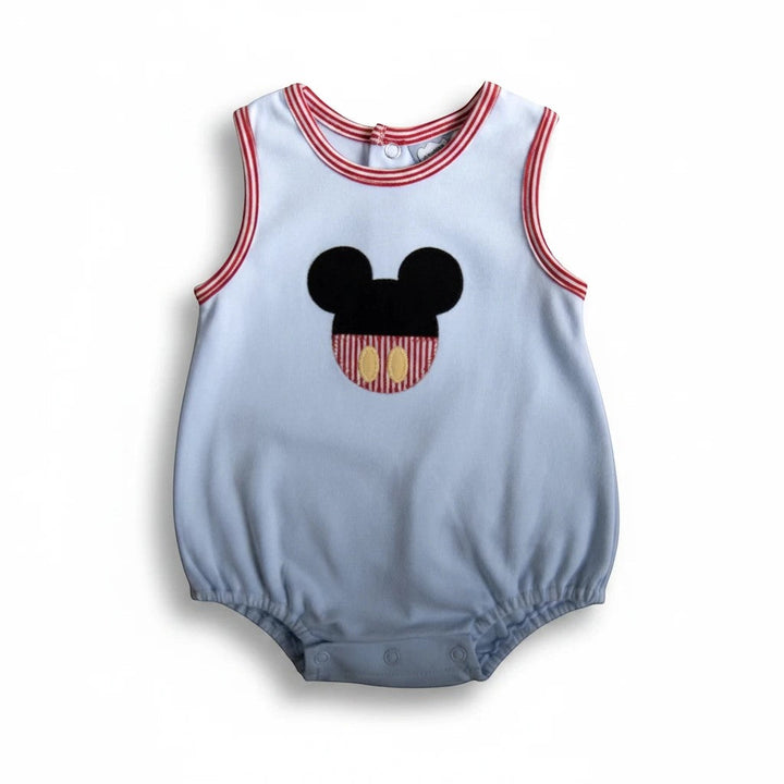 Sea Dragon Dreams light blue baby boy bubble romper with a mouse appliqué and red striped trim.