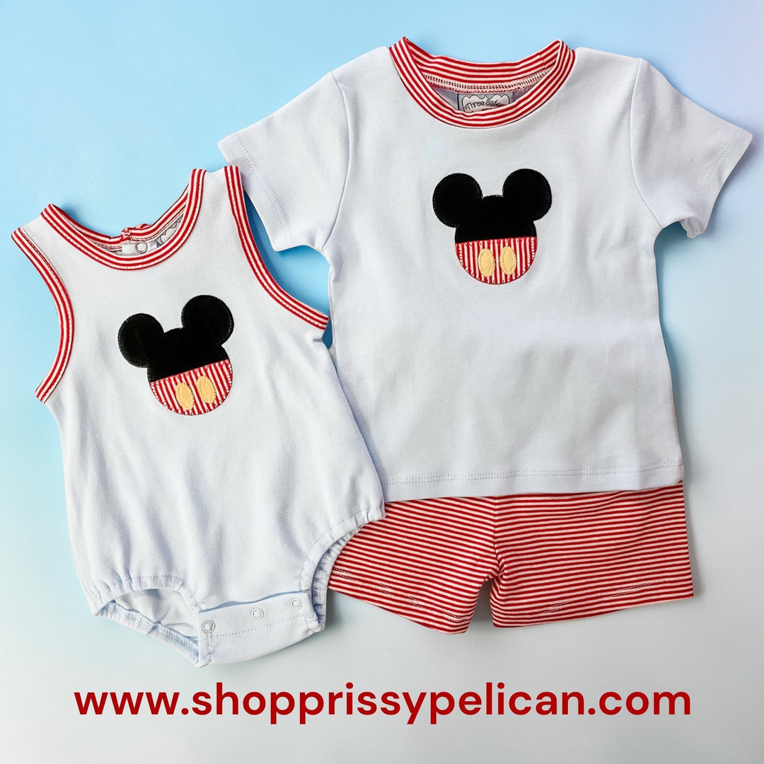 Sea Dragon Dreams baby boy bubble romper and matching shirt set with mouse appliqué and red stripe trim