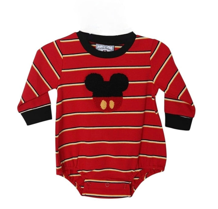 Sea Dragon Dreams baby bubble romper in red stripes with black trim and a mouse-inspired embroidered applique