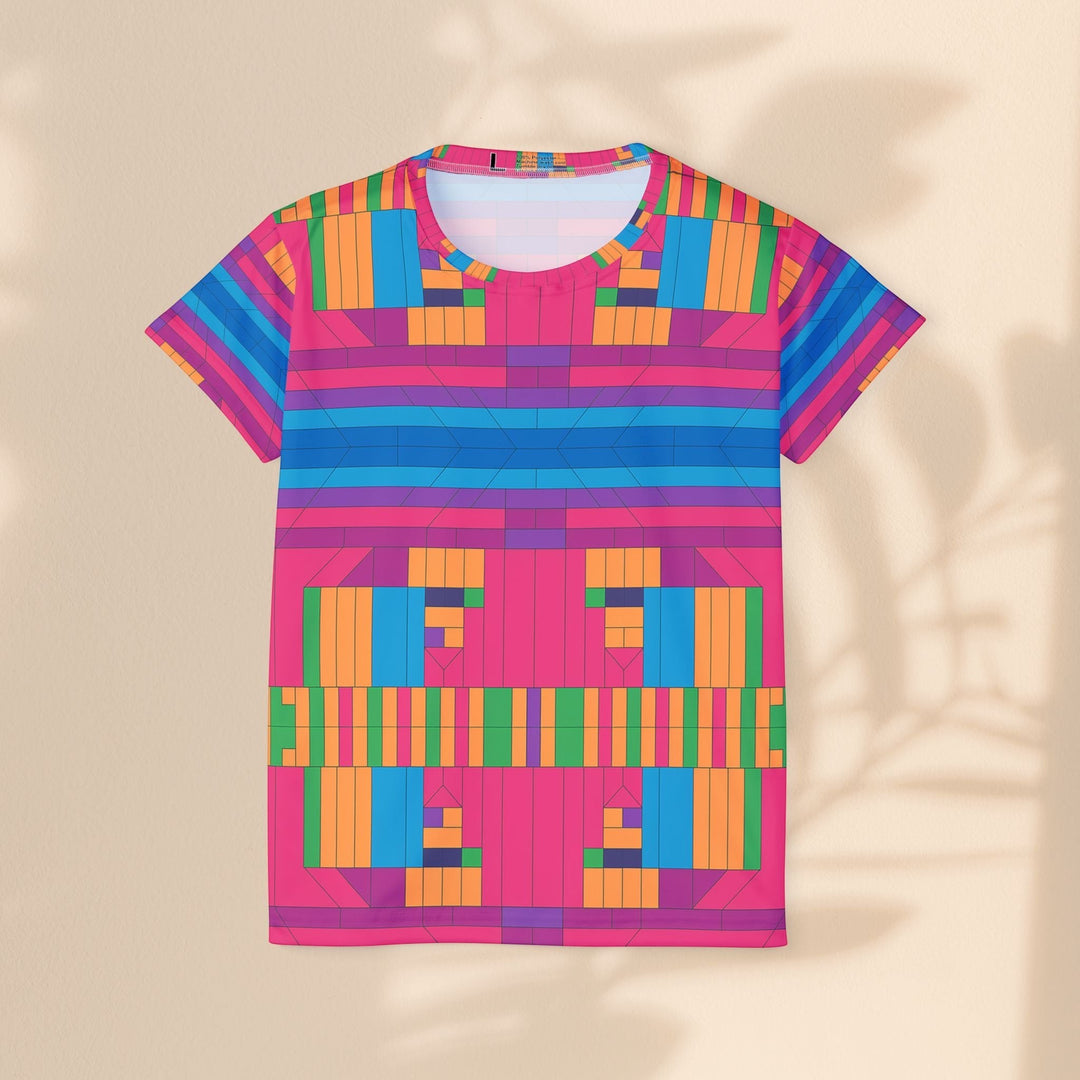 Sea Dragon Dreams women's athletic sports jersey in vibrant multicolored geometric print, 100% moisture-wicking fabric