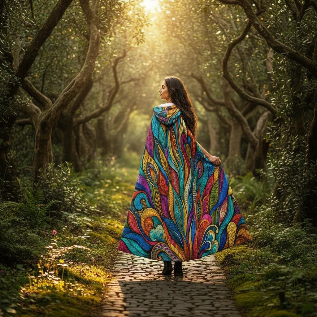 Sea Dragon Dreams hooded cloak with vibrant multicolored abstract patterns worn by a woman on a sunlit forest path.