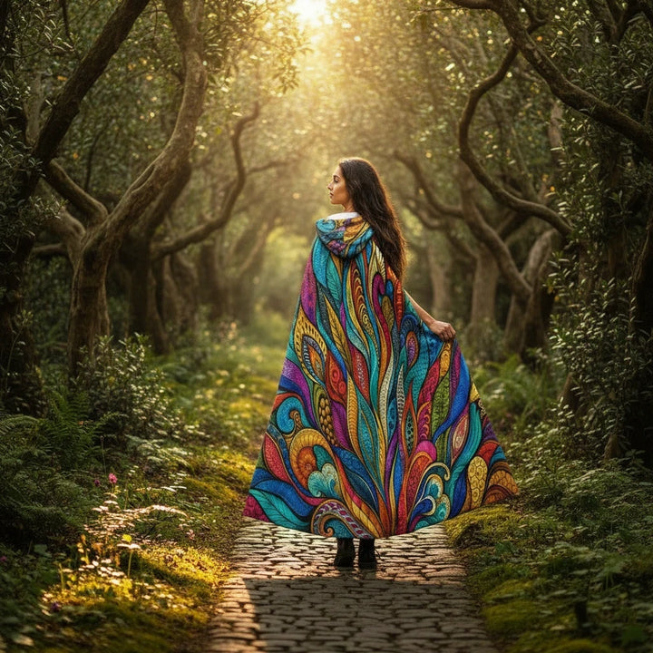 Sea Dragon Dreams hooded cloak with vibrant multicolored abstract patterns worn by a woman on a sunlit forest path.