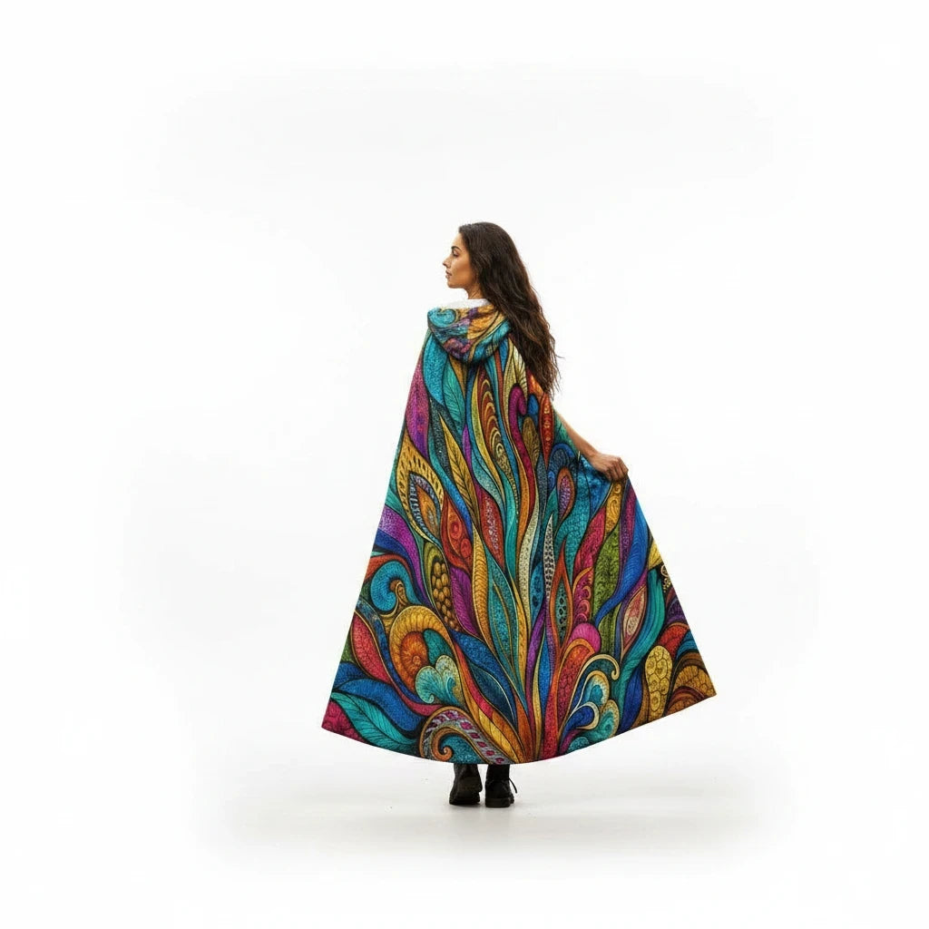 Sea Dragon Dreams hooded cloak with vibrant multicolored abstract patterns on smooth scuba fabric, back view.
