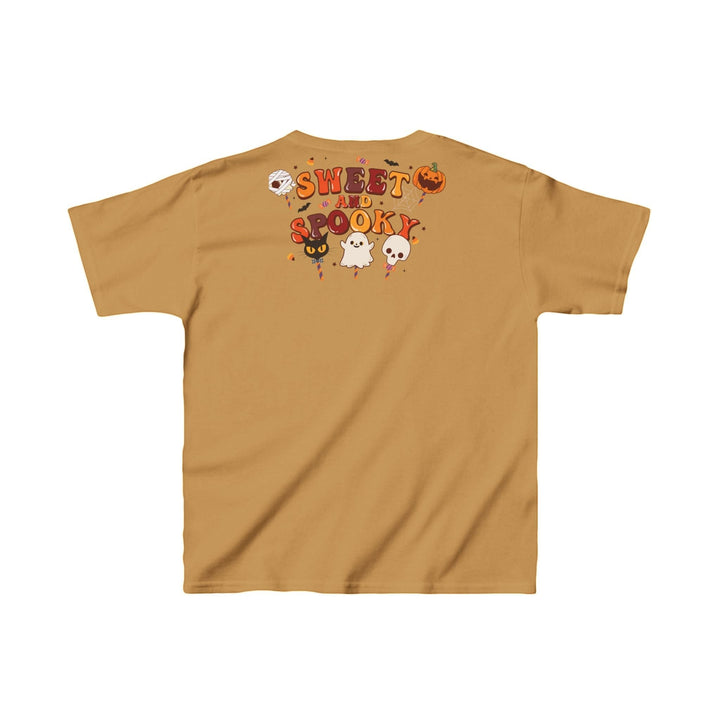 Sea Dragon Dreams kids cotton t-shirt in mustard yellow with Sweet and Spooky Halloween graphic on the back