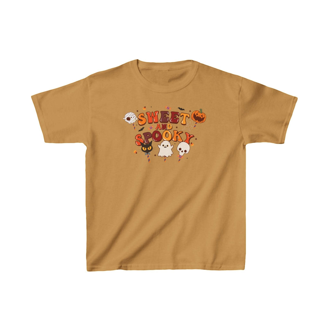 Sea Dragon Dreams kids heavy cotton tee in mustard yellow with Sweet and Spooky Halloween graphic print.