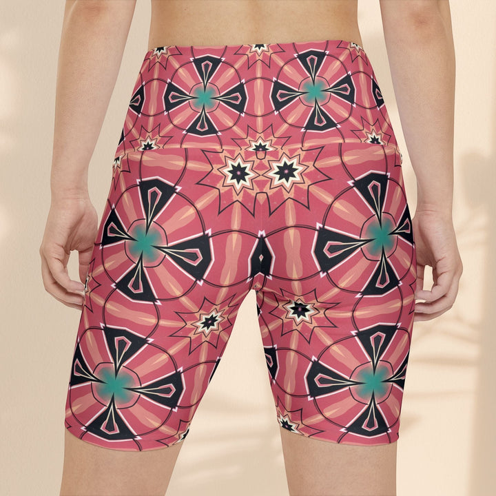 Sea Dragon Dreams Mystic Circles workout shorts in pink with a floral and geometric pattern, featuring a stretchy fit.
