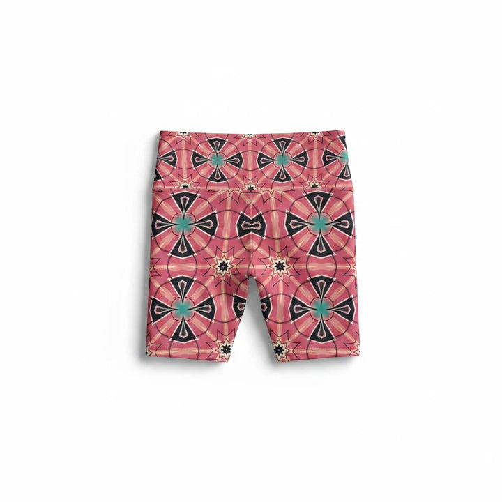 Sea Dragon Dreams Mystic Circles workout shorts in pink with a vibrant floral and geometric pattern.