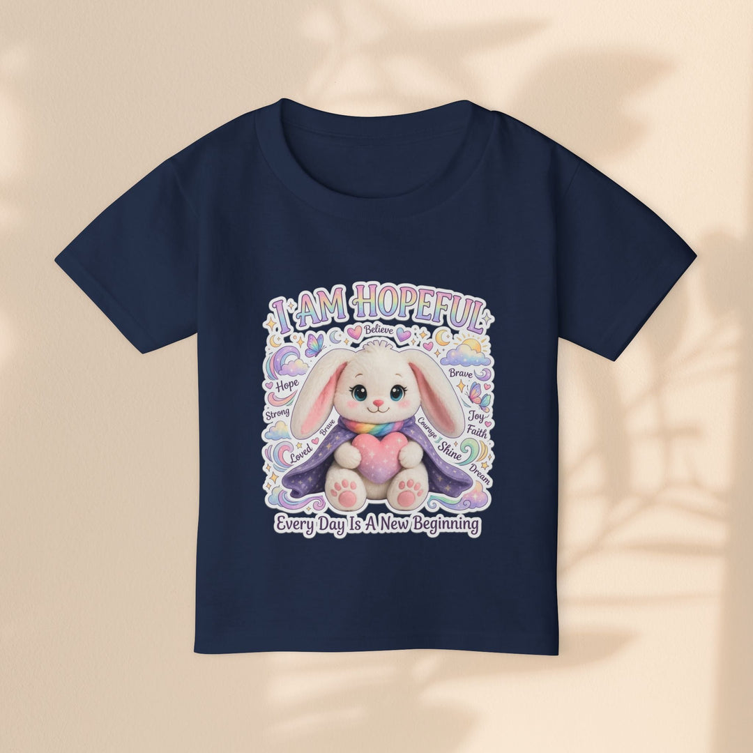 Sea Dragon Dreams toddler t-shirt in navy blue cotton featuring a cute bunny graphic with I Am Hopeful text.