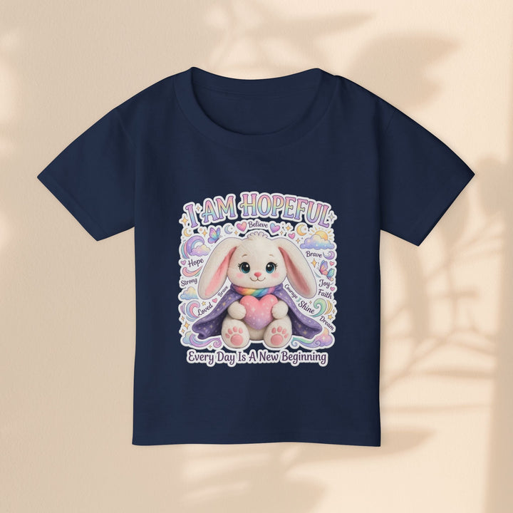 Sea Dragon Dreams toddler t-shirt in navy blue cotton featuring a cute bunny graphic with I Am Hopeful text.