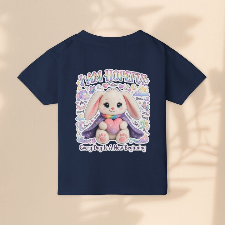 Sea Dragon Dreams navy blue cotton toddler t-shirt featuring an adorable bunny graphic with I Am Hopeful text