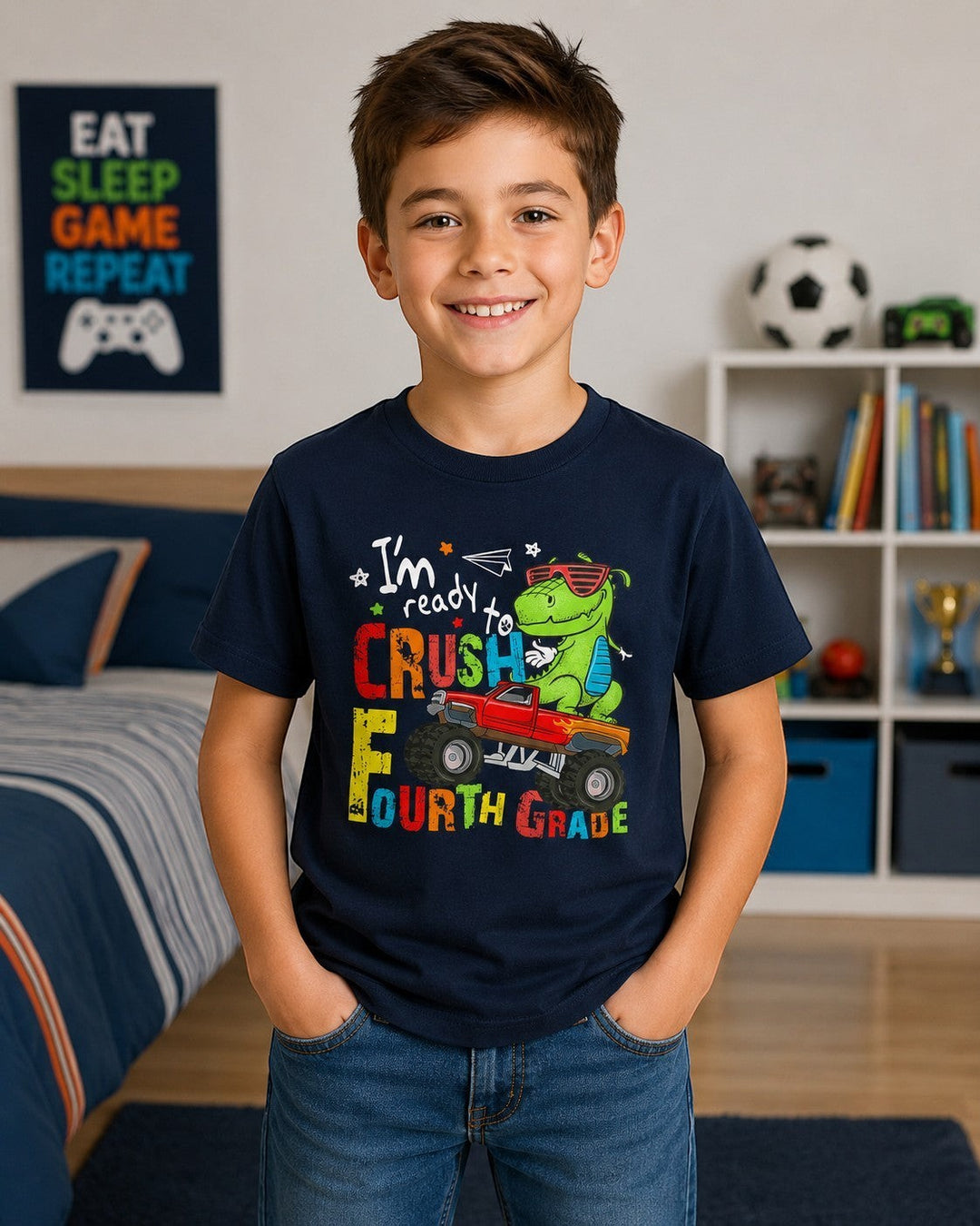 Sea Dragon Dreams navy blue cotton youth t-shirt featuring a dinosaur driving a monster truck for fourth grade.