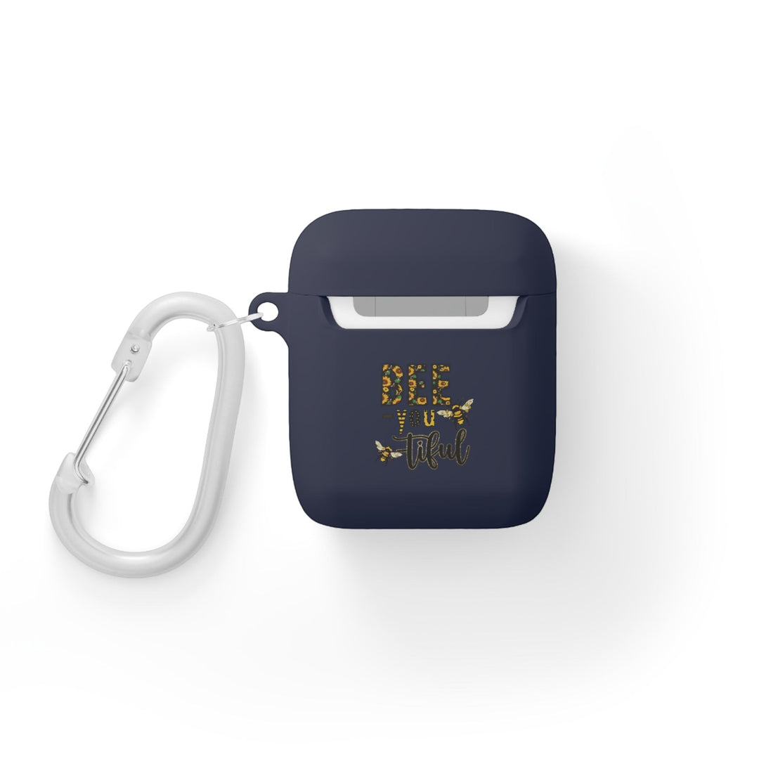 Sea Dragon Dreams navy blue TPU AirPods case with Bee-You-Tiful floral bee design and white metal carabiner