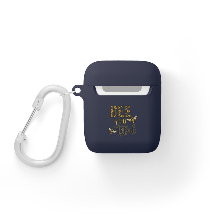 Sea Dragon Dreams navy blue TPU AirPods case with Bee-You-Tiful floral bee design and white metal carabiner