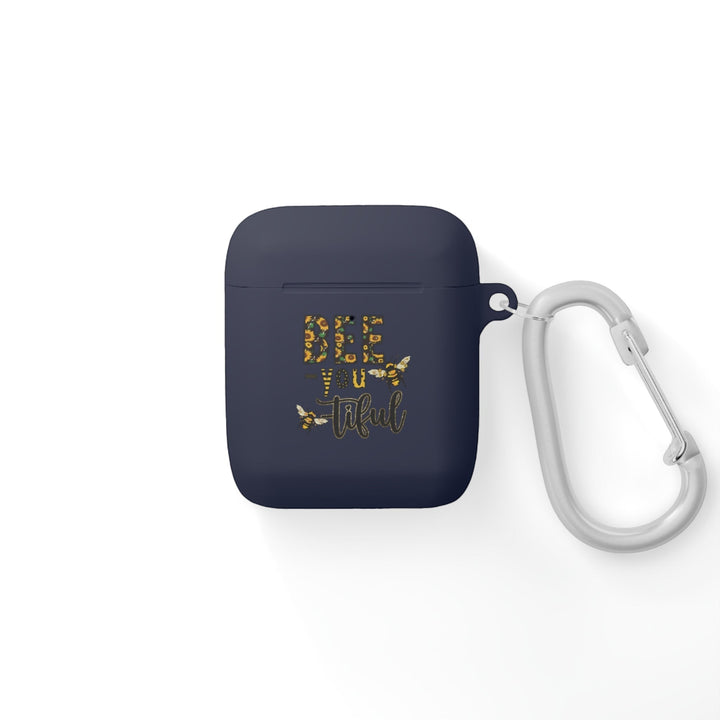Sea Dragon Dreams navy blue TPU AirPods case with Bee-You-Tiful floral bee design and silver metal carabiner