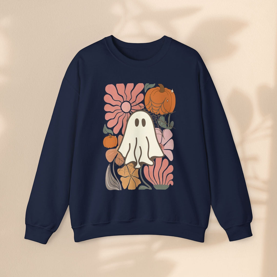 Sea Dragon Dreams navy blue crewneck sweatshirt featuring a retro ghost, pumpkin, and floral graphic print.