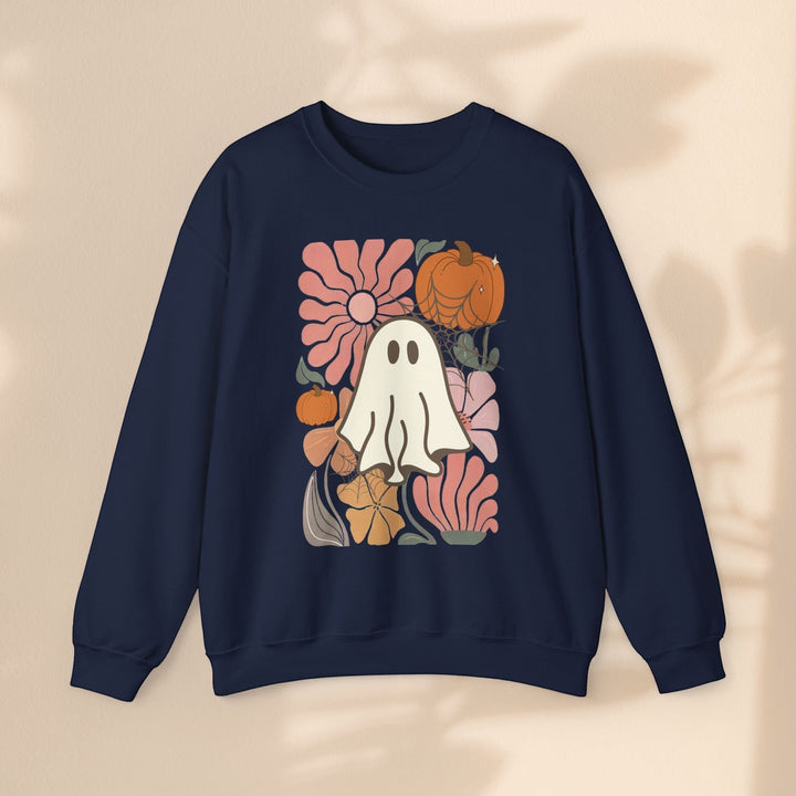 Sea Dragon Dreams navy blue crewneck sweatshirt featuring a retro ghost, pumpkin, and floral graphic print.