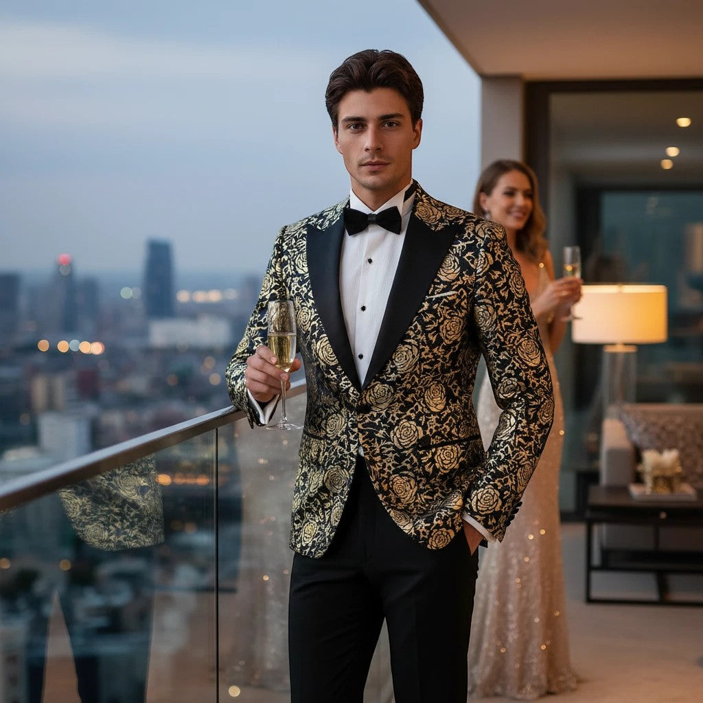 Sea Dragon Dreams Wessi navy blue slim fit blazer with gold rose pattern, peak lapels, and single button closure.