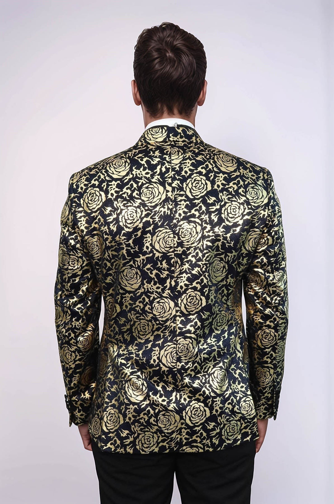Sea Dragon Dreams navy blue slim fit blazer with a metallic gold rose floral pattern, back view on a man.