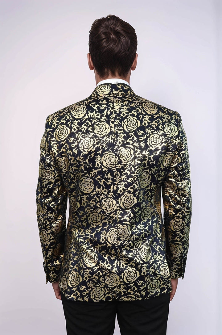 Sea Dragon Dreams navy blue slim fit blazer with a metallic gold rose floral pattern, back view on a man.