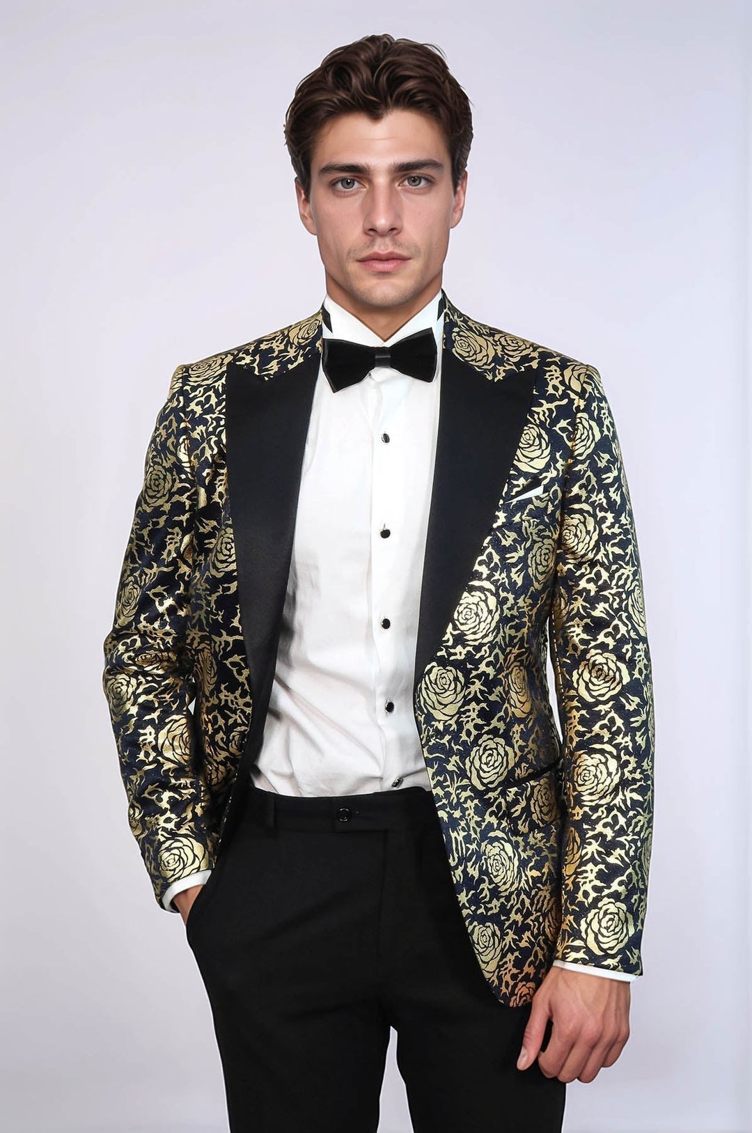 Sea Dragon Dreams Wessi slim fit navy blue blazer featuring a metallic gold rose floral pattern and black peak lapels.