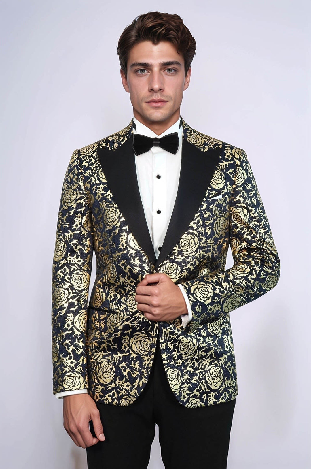 Model wearing a Sea Dragon Dreams navy blue slim fit blazer with a gold rose pattern and black peak lapels.