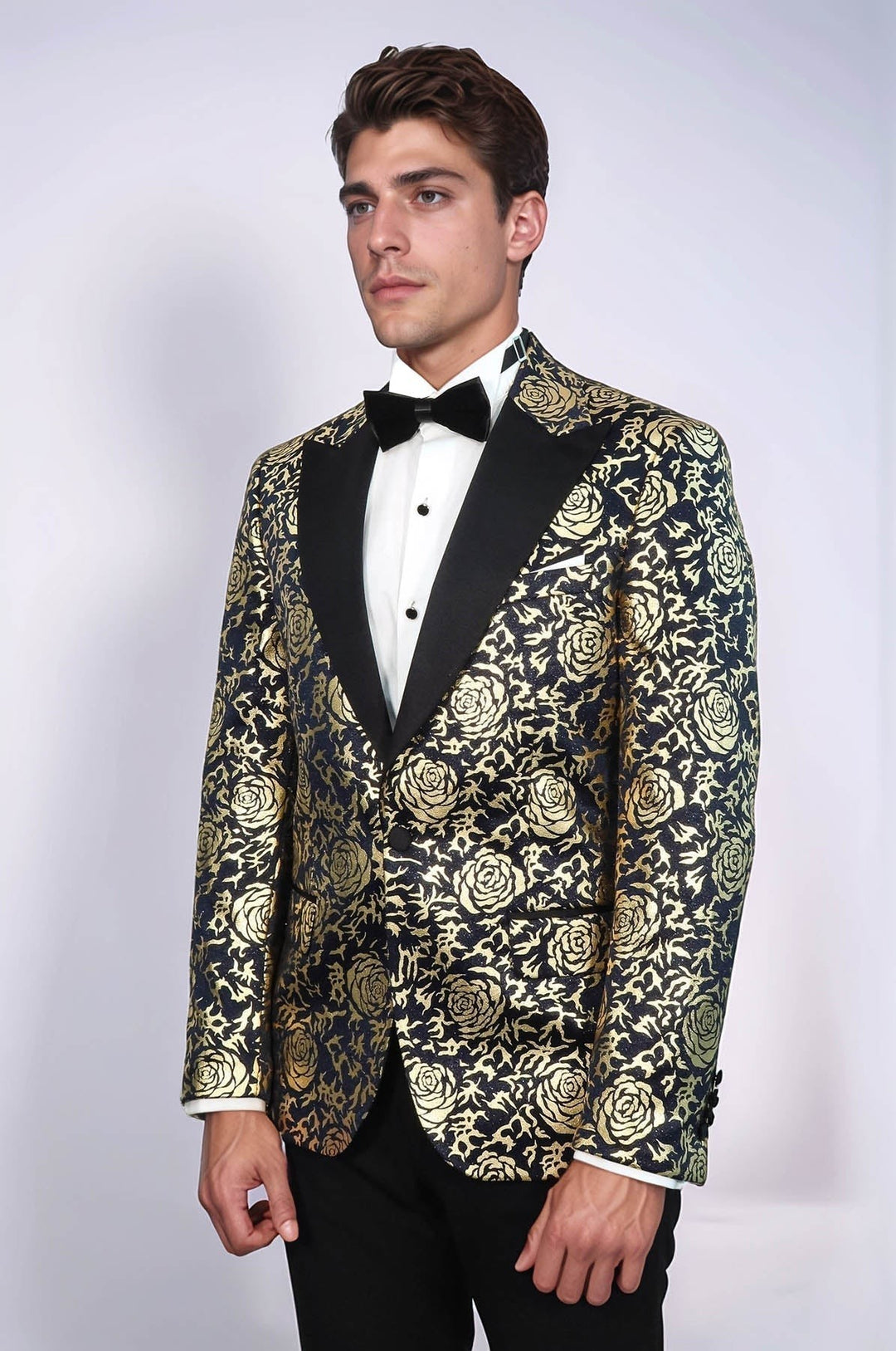 Sea Dragon Dreams Wessi slim fit navy blue blazer with gold rose pattern and black peak lapels worn by a male model.