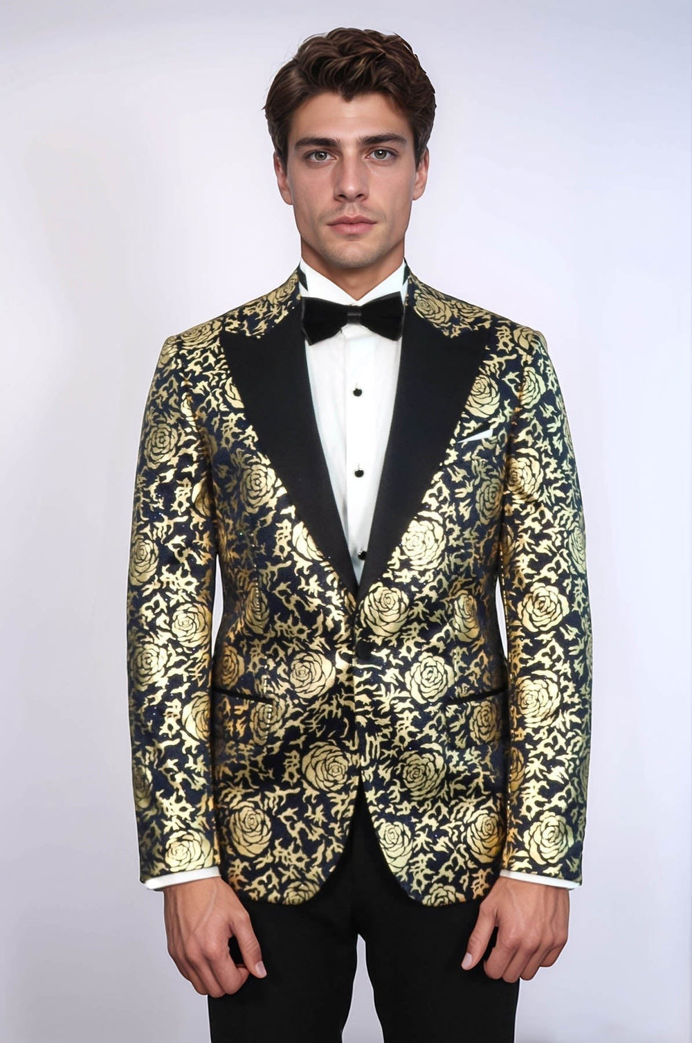Sea Dragon Dreams slim fit navy blue blazer with gold rose pattern, peak lapels, and single-button closure on a model.