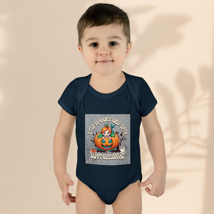 Sea Dragon Dreams infant bodysuit in navy blue with a Stay Spooky and Cute pumpkin graphic for Halloween