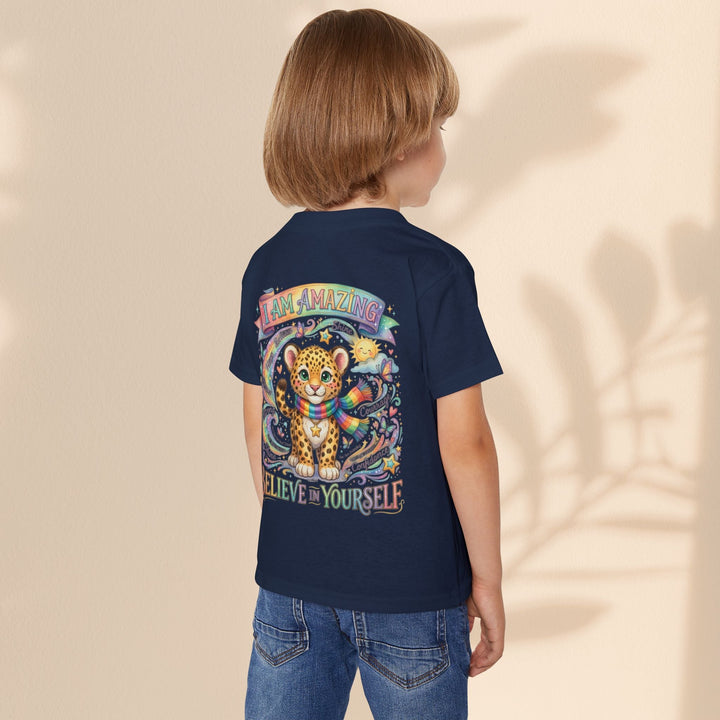 Sea Dragon Dreams navy cotton toddler t-shirt featuring a cute leopard, rainbow, and I Am Amazing affirmation print.