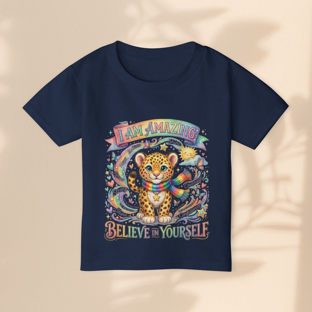 Sea Dragon Dreams navy cotton toddler t-shirt featuring a cute leopard with a rainbow scarf and uplifting text.