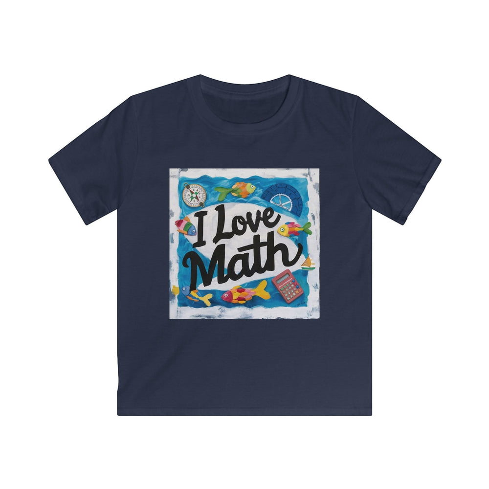 Sea Dragon Dreams navy blue kids softstyle cotton t-shirt featuring an I Love Math graphic with fish and math tools.