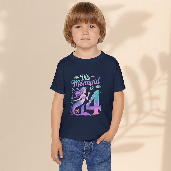 Sea Dragon Dreams navy blue cotton toddler t-shirt featuring a This Mermaid Is 4 birthday graphic for girls.