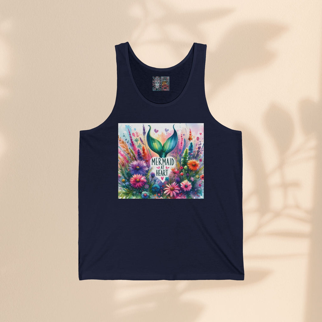 Sea Dragon Dreams unisex jersey tank in navy blue featuring a colorful floral mermaid tail graphic print