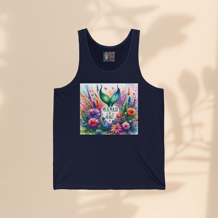 Sea Dragon Dreams unisex jersey tank in navy blue featuring a colorful floral mermaid tail graphic print