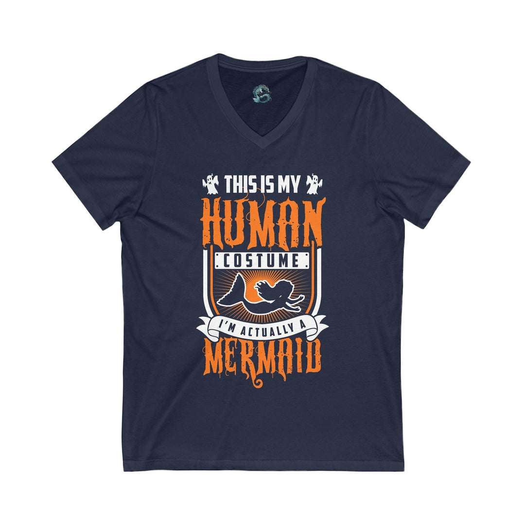 Sea Dragon Dreams navy blue unisex V-neck tee featuring a white and orange Human Mermaid graphic design.