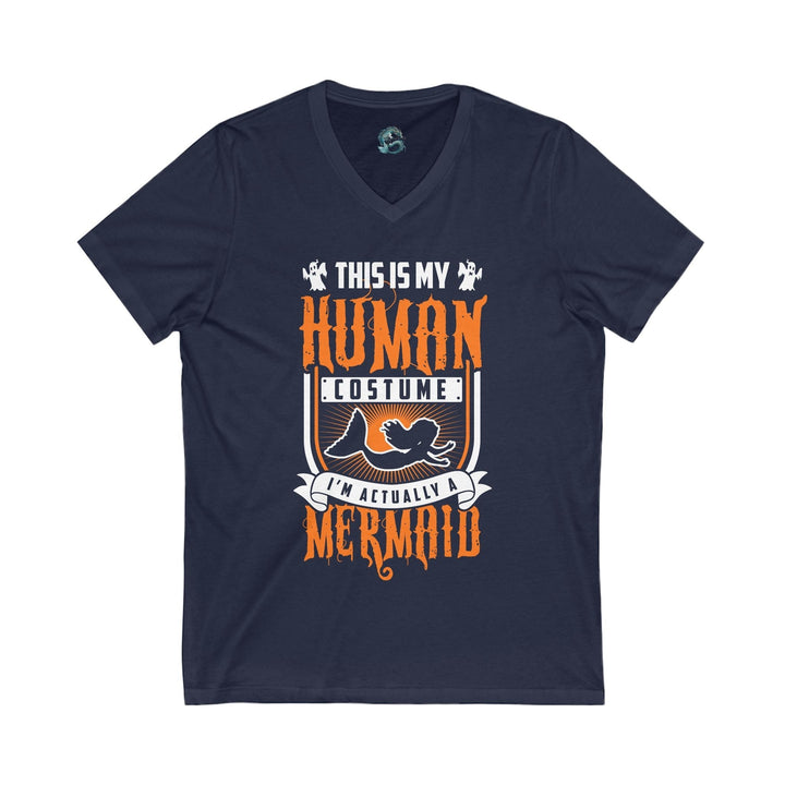 Sea Dragon Dreams navy blue unisex V-neck tee featuring a white and orange Human Mermaid graphic design.