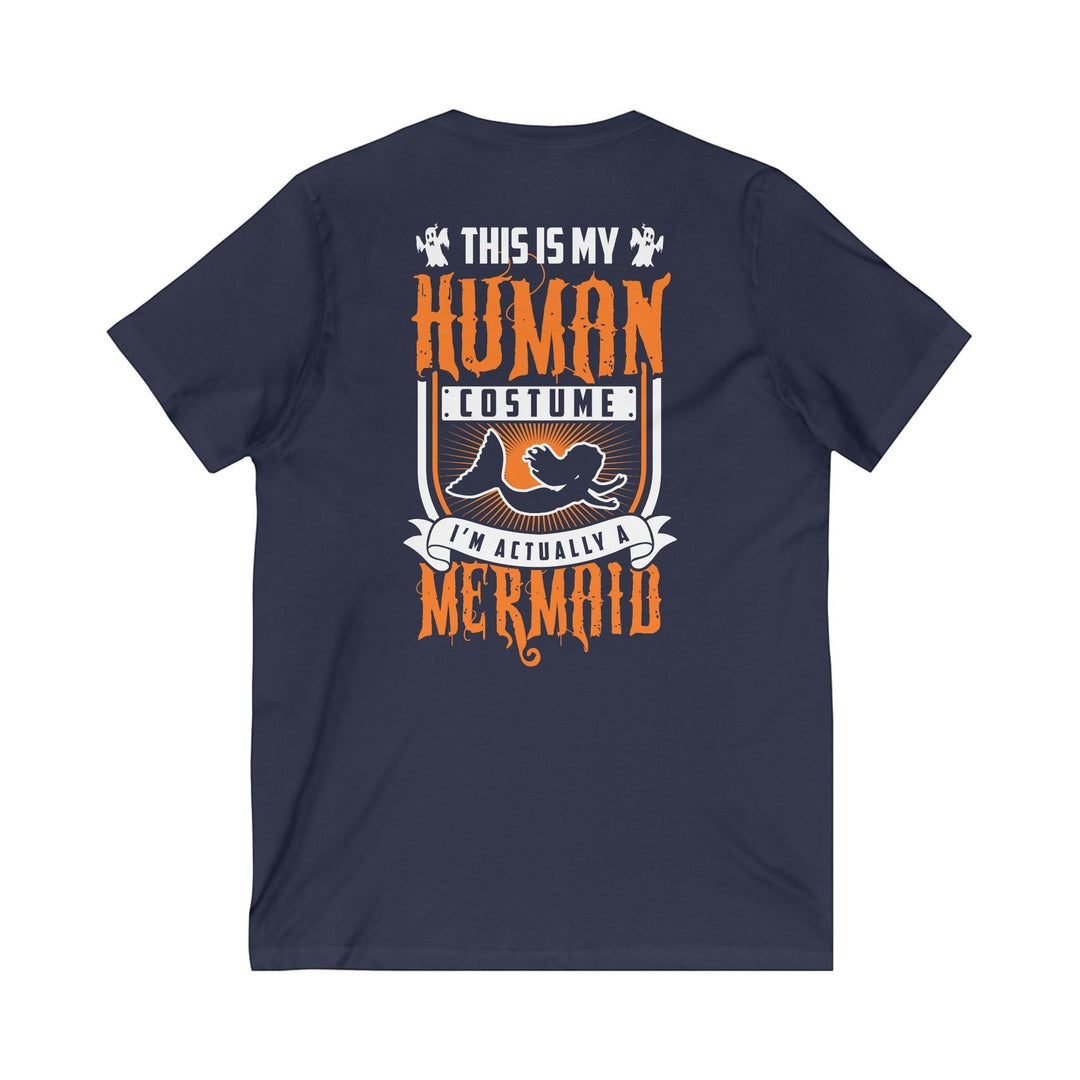 Sea Dragon Dreams navy blue unisex V-neck t-shirt featuring a white and orange Human Mermaid graphic on the back.