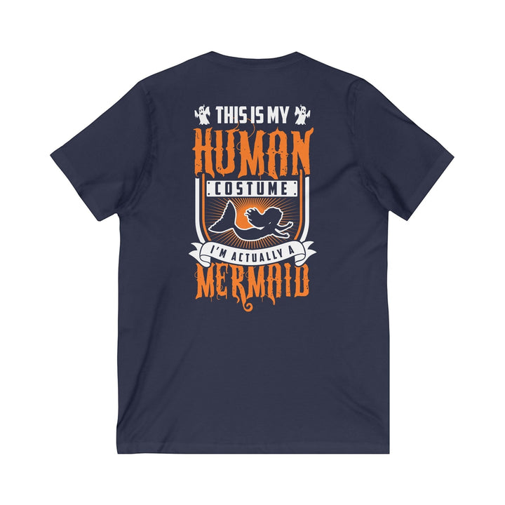 Sea Dragon Dreams navy blue unisex V-neck t-shirt featuring a white and orange Human Mermaid graphic on the back.