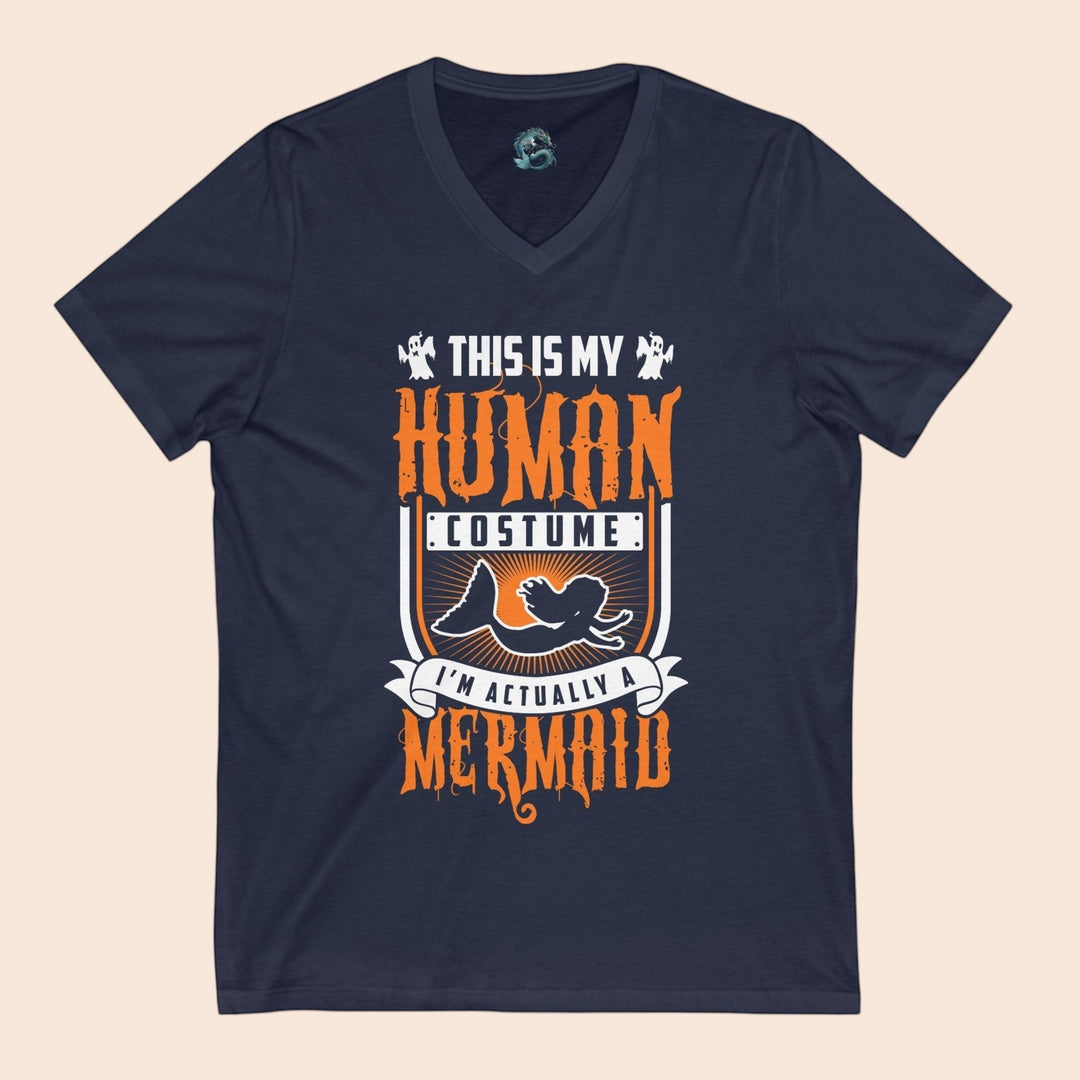 Sea Dragon Dreams navy blue unisex V-neck t-shirt with a Human Mermaid graphic print for beach and summer wear.