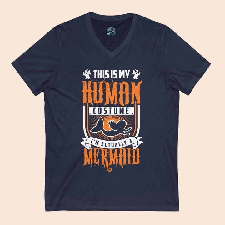 Sea Dragon Dreams navy blue unisex V-neck t-shirt with a Human Mermaid graphic print for beach and summer wear.