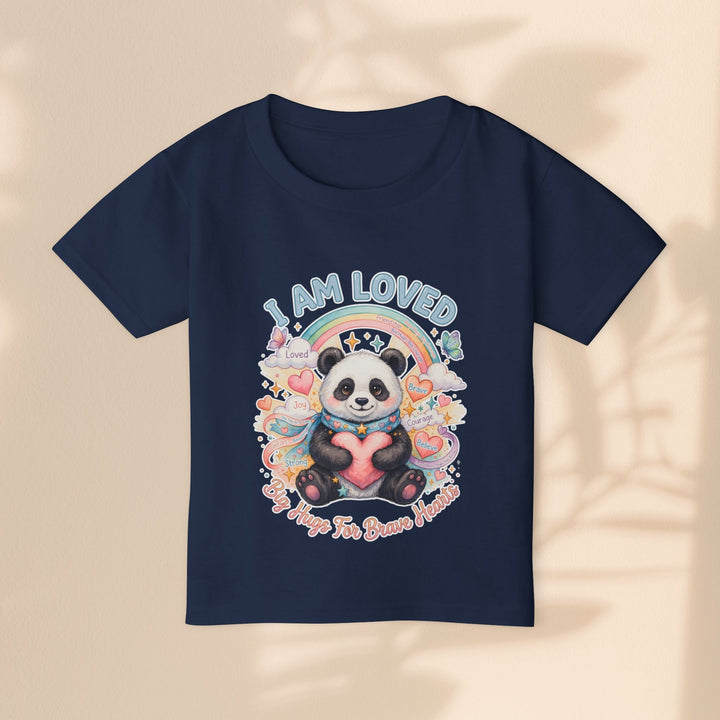 Sea Dragon Dreams toddler t-shirt in navy blue cotton featuring a cute panda, rainbow, and I Am Loved text graphic.