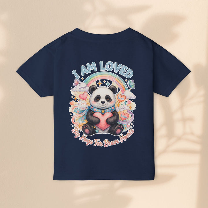 Sea Dragon Dreams toddler t-shirt in navy blue cotton featuring a cute panda, rainbow, and I Am Loved graphic.