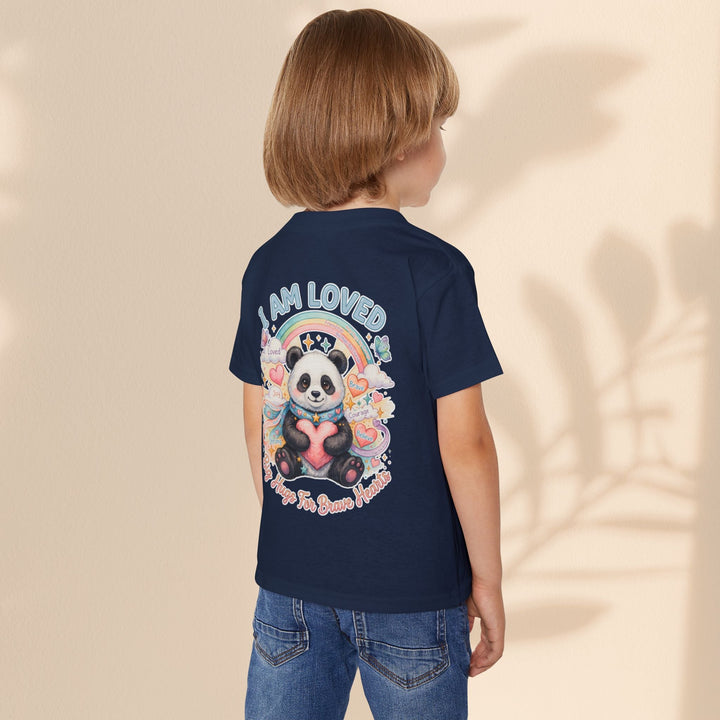 Sea Dragon Dreams toddler navy blue cotton t-shirt featuring a Huggie Panda graphic with a rainbow and heart design.