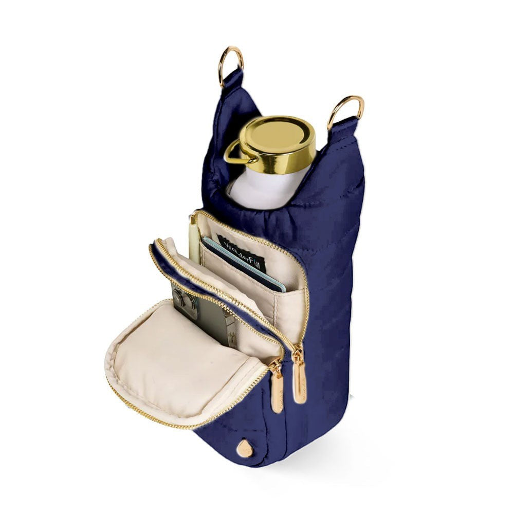 Sea Dragon Dreams navy quilted HydroBag water bottle carrier with gold hardware and open storage pockets