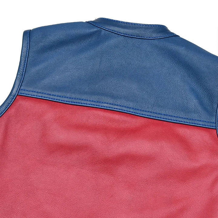 Sea Dragon Dreams Freedom Belle women's motorcycle leather vest in navy blue and red cow diamond leather