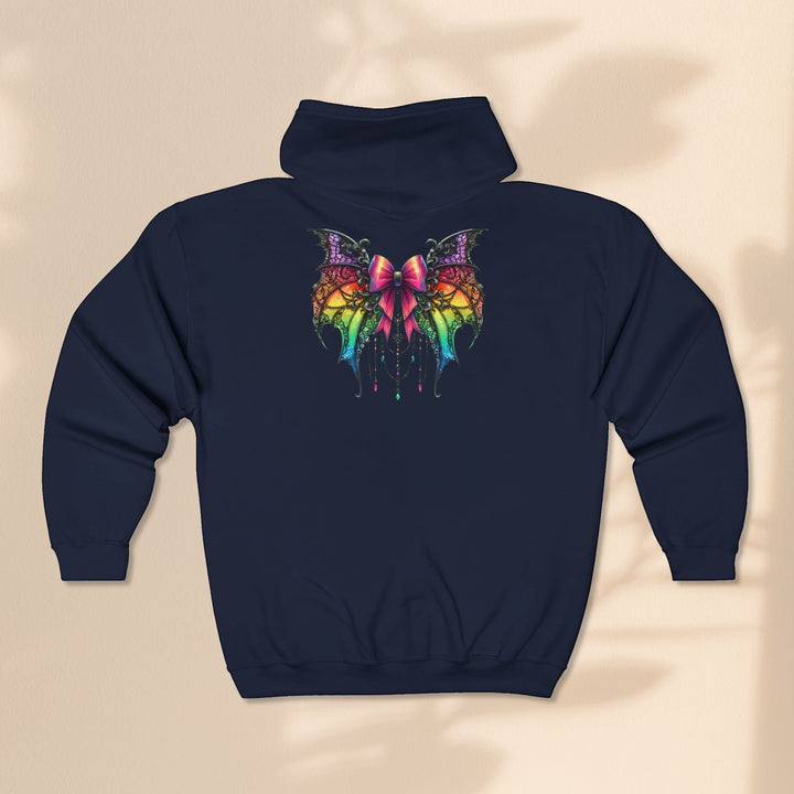 Sea Dragon Dreams navy blue full zip hoodie featuring a colorful spider bow graphic on the back.