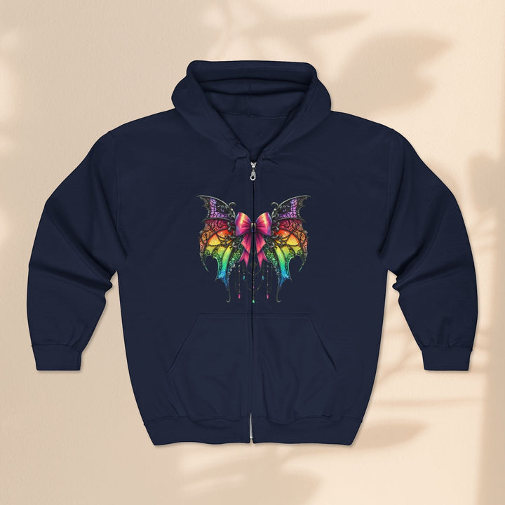 Sea Dragon Dreams navy blue full zip hoodie featuring a colorful spider bow graphic with rainbow wing patterns.